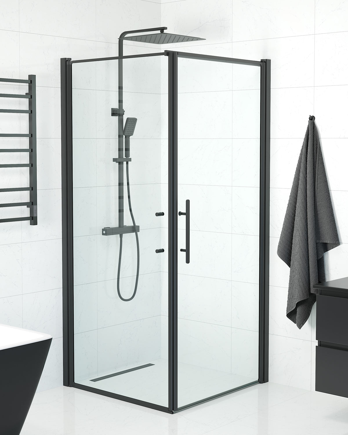 Vänern Shower Enclosure, Wall + Door, black Profile, Clear Glass