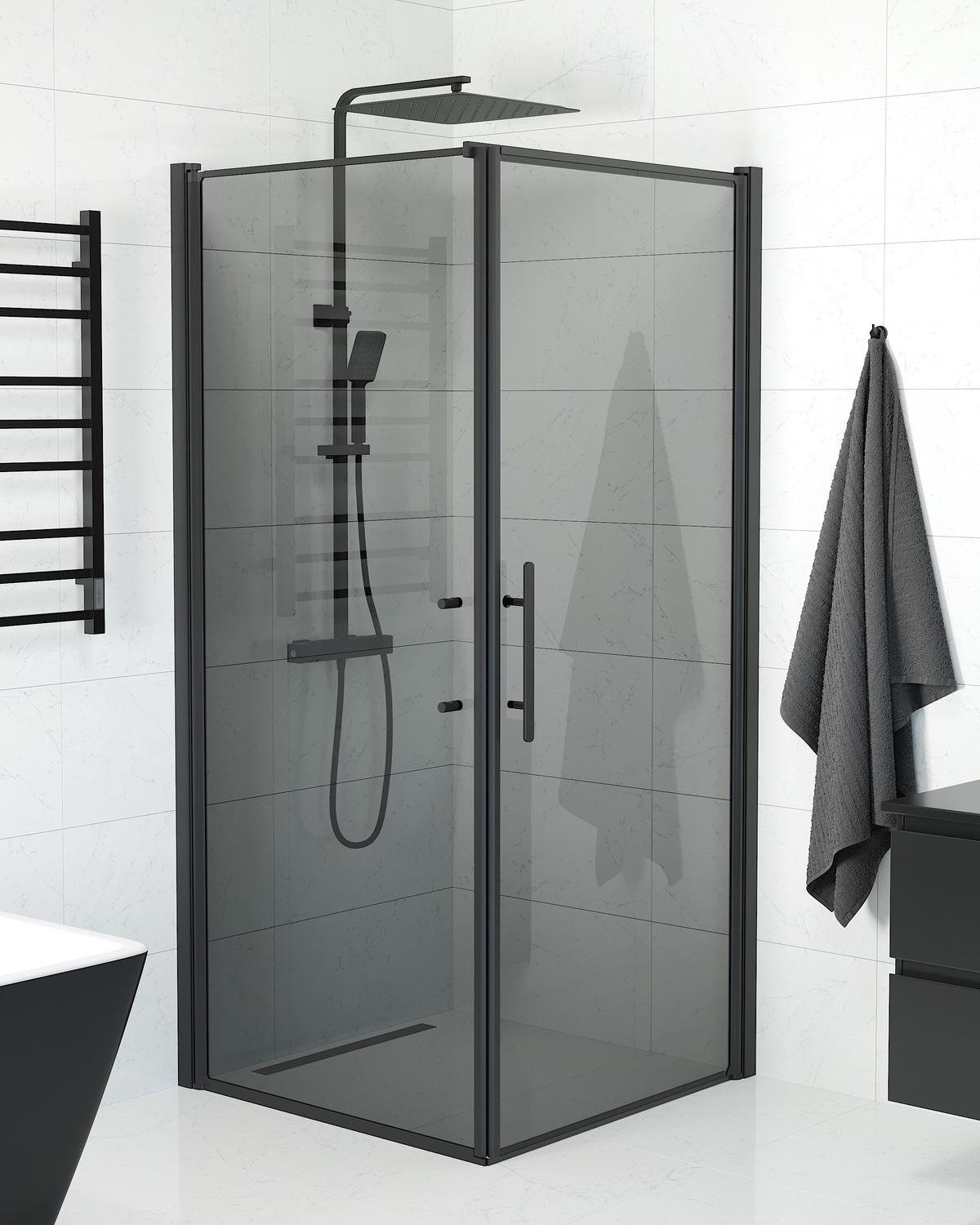 Vänern Shower Enclosure, Wall + Door, black Profile, Dark Tinted Glass