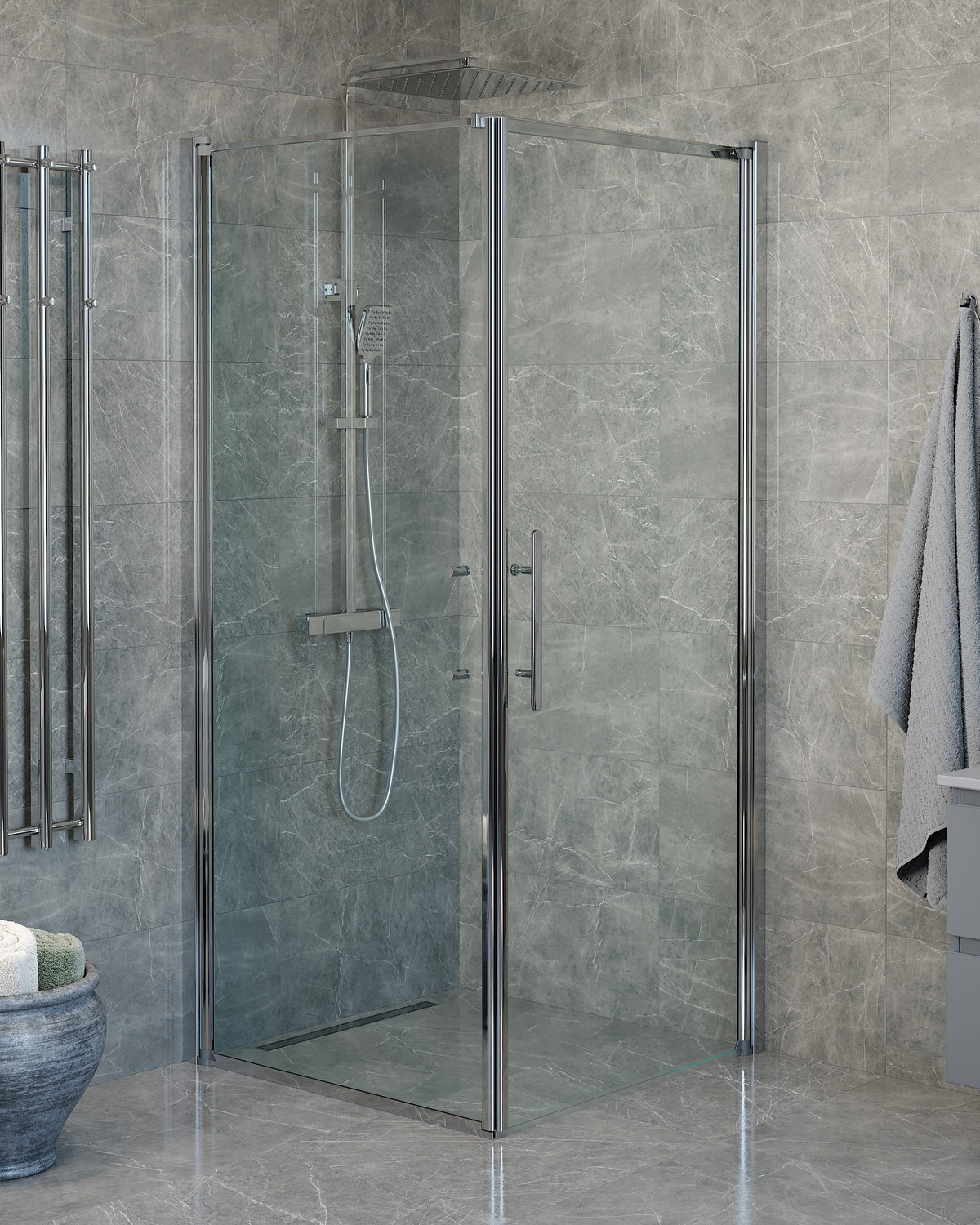 Vänern Shower Enclosure, Wall + Door, Chrome Profile, Clear Glass