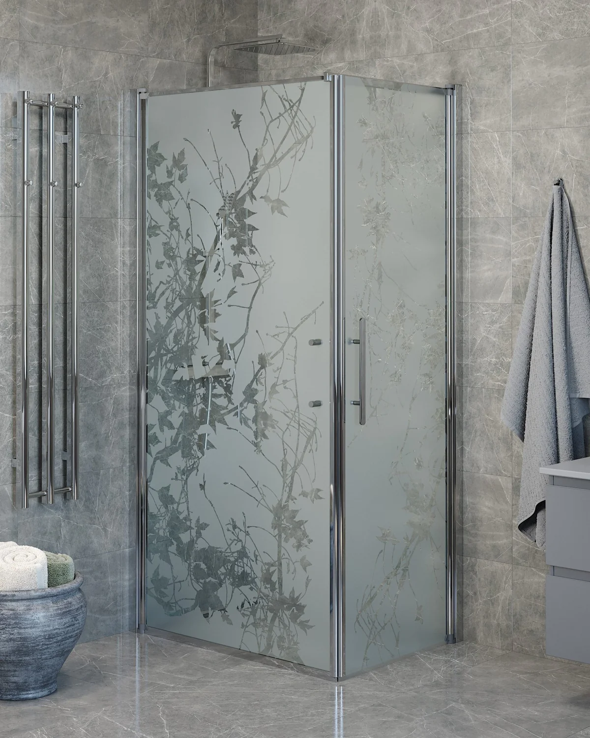 Vänern Shower Enclosure, Wall + Door, Chrome Profile, Decor Glass