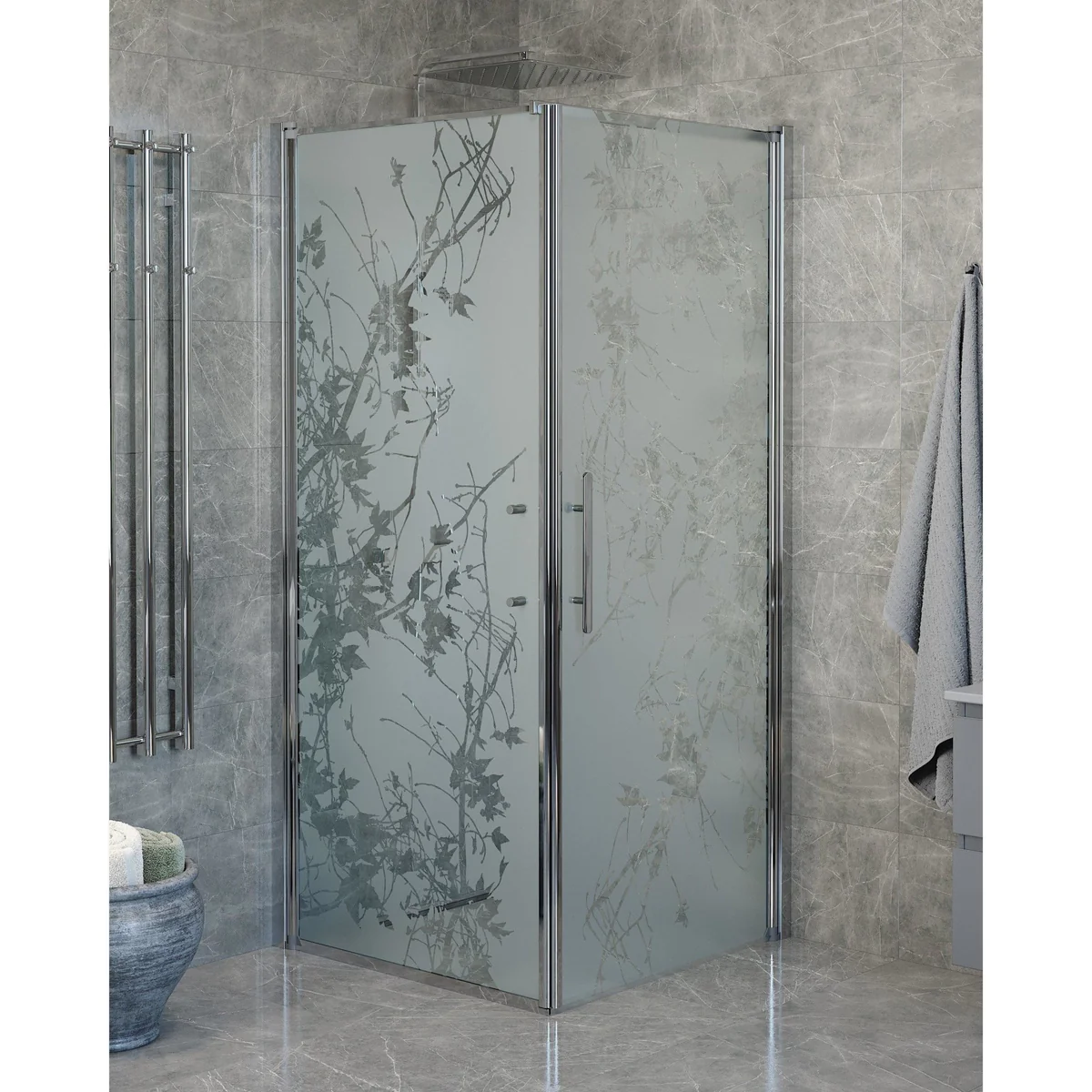 Vänern Shower Enclosure, Wall + Door, Chrome Profile, Decor Glass