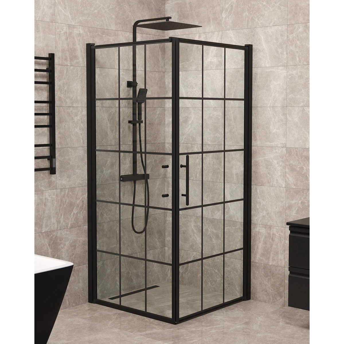 Vänern Shower Enclosure, Wall + Door, black Profile, black Framed Glass