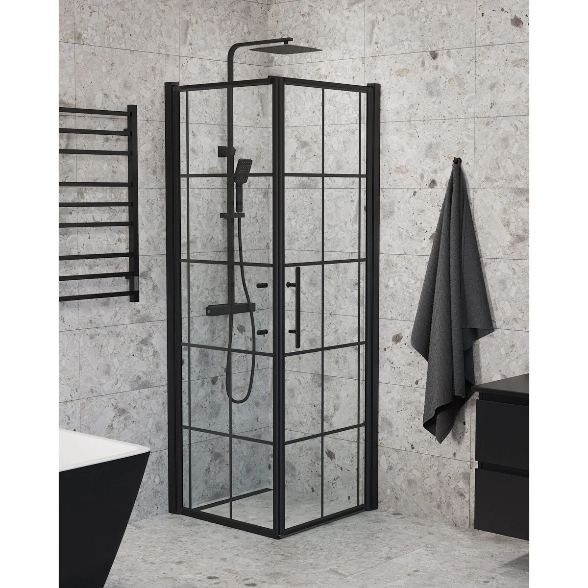 Vänern Shower Enclosure, Wall + Door, black Profile, black Framed Glass