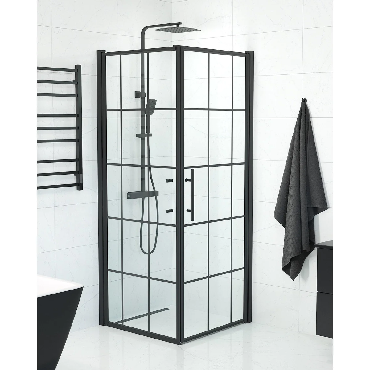 Vänern Shower Enclosure, Wall + Door, black Profile, black Framed Glass